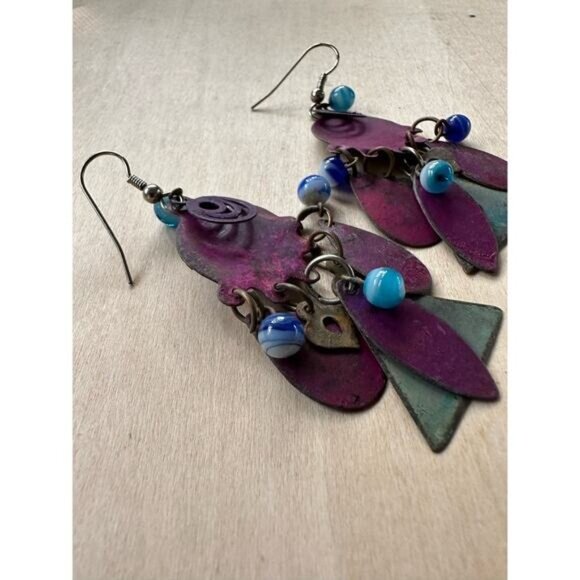 Vintage-Inspired Purple Blue Dangle Earrings Beaded Accents Geometric Charms - Picture 7 of 7